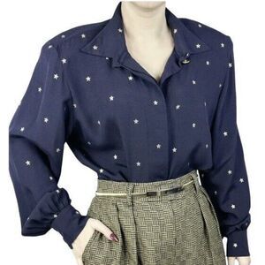 Gloria Sachs 100% Silk Blouse Navy Gold Star Print Vintage 80s Luxury Size 8